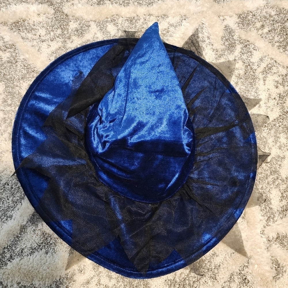 Blue Velvet Velour Black Lace Witch Hat Girl's One Size OS Halloween Costume EUC